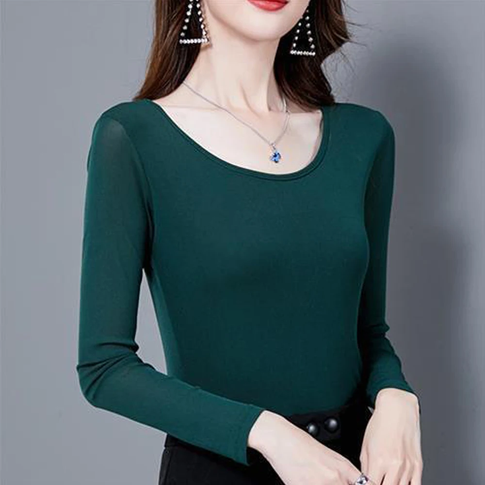 Femmes à manches longues T-Shirts 8 couleurs taille S-4XL Perspective maille col rond femme sommets Blouses à manches longues col rond t-shirt hauts