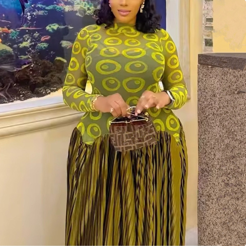 Nouvelle robe longue maxi plissée à manches longues et coupe évasée pour femme, imprimée, style africain, avec patchwork