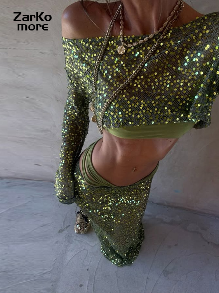 Plage paillettes haut court jupe longue ensemble femmes mince Slash cou à manches longues pull sirène jupe 2025 été voir à travers la tenue verte