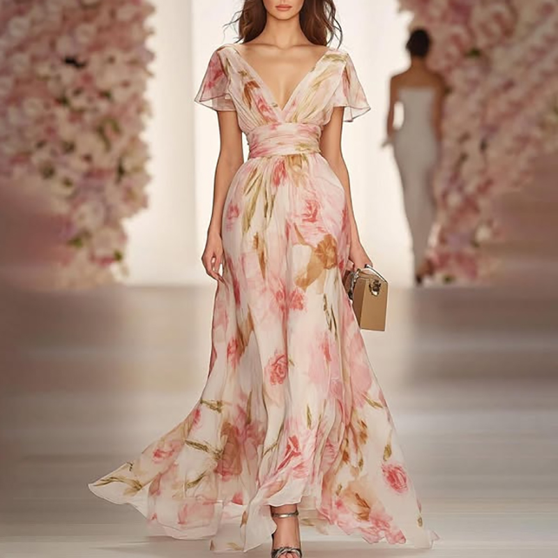 Robe longue Style Boho, imprimé Floral, élégante, col en V, taille haute, robe de soirée, manches courtes, fermeture éclair, Maxi, printemps, été