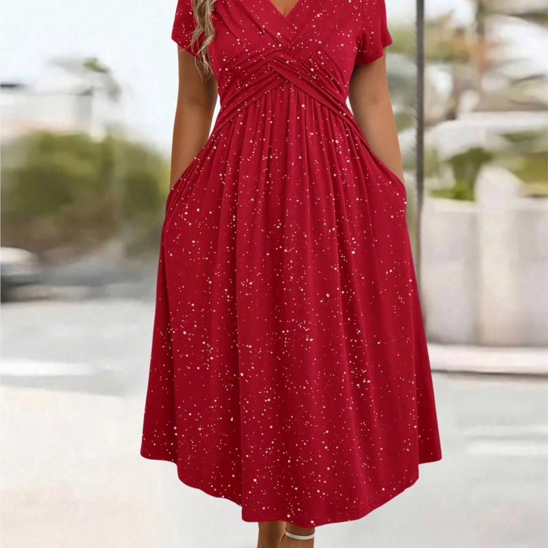 Nouvelle Robe Longue Élégante pour Femme, Col en V, Manches Courtes, avec Poches, pour Soirée Formelle et Mode Estivale