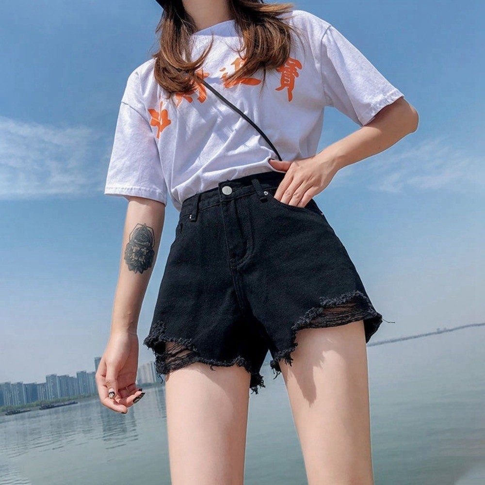 Shorts en jean décontractés et extensibles pour femme, déchirés, taille haute, en denim, avec ourlet effiloché, polyvalents, pour l'été
