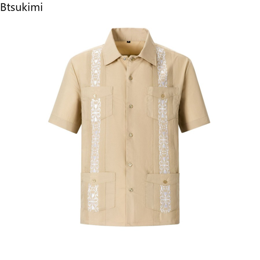 Chemises Guayabera pour hommes, vêtements traditionnels brodés à quatre poches, chemises cubaines mexicaines à manches courtes, nouvelle collection