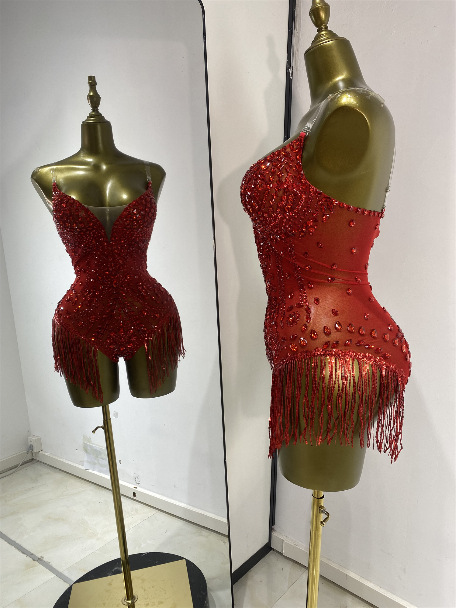 Robe Burlesque pour femmes, rouge, brillante, avec strass, franges, maille transparente, combinaison pour soirée, club, bar, spectacle pour adultes