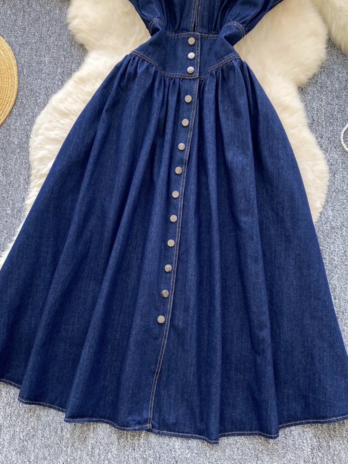 Women Denim Dress Summer Sexy Deep V-neck High Waist Pleated Jeans Dersses Ladies Vintage Slim A-line Long Robe Vestidos