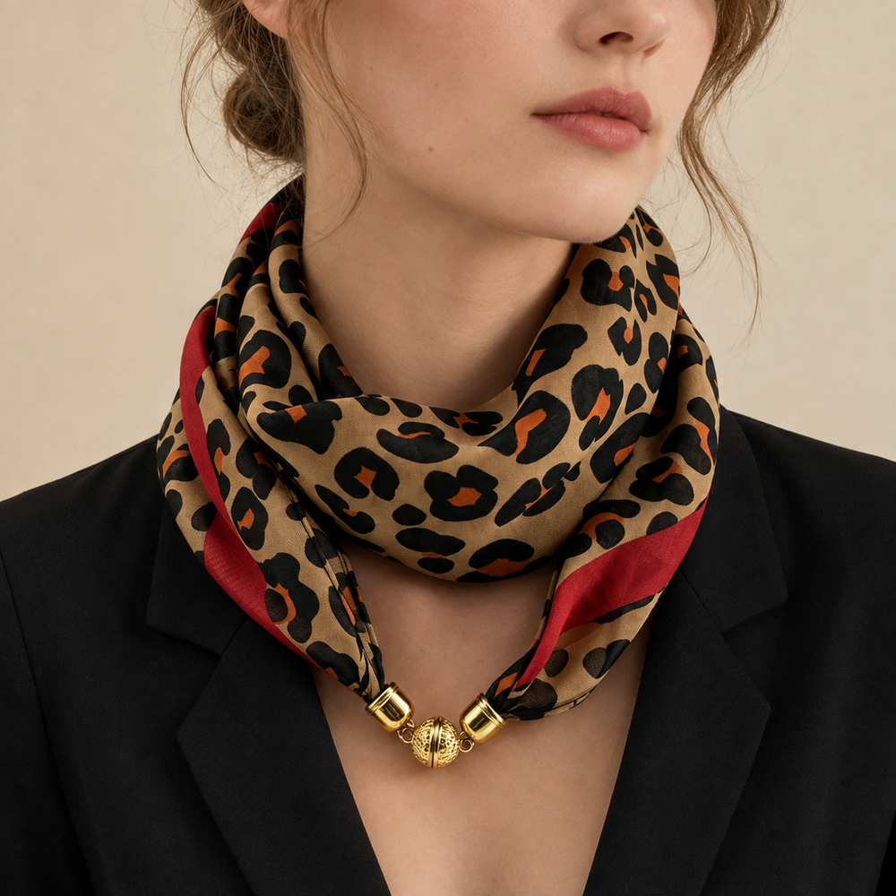 Écharpe carrée à imprimé léopard 63x63cm pour femmes avec fermoir magnétique, écharpe légère en mousseline, accessoire de mode