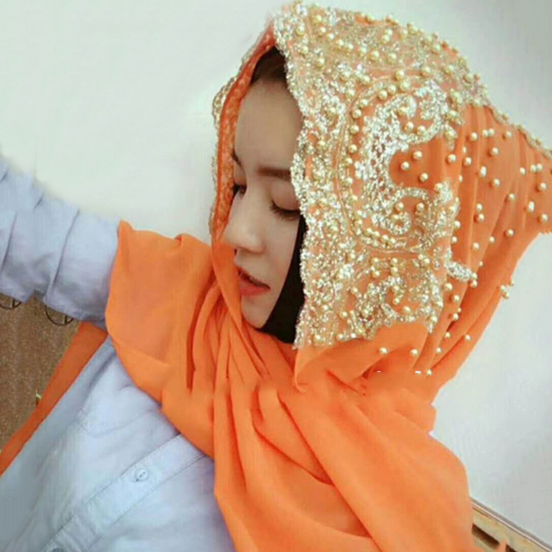 Mousseline de soie Hijab écharpe musulman islamique Hijabs foulards pour femme longs couvre-chef avec perle foulard châle enveloppement prière Turbante