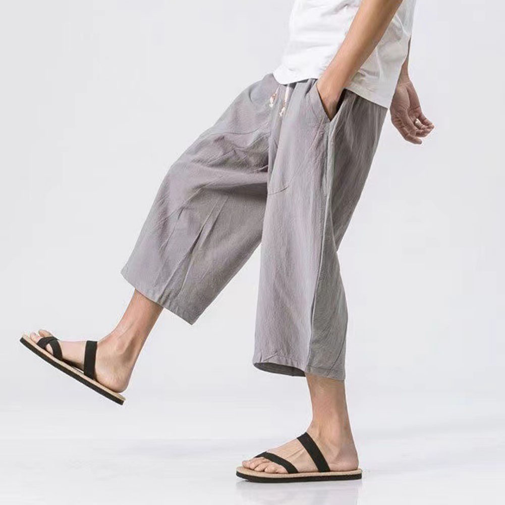 Hommes ample mince coton lin pantalon décontracté mollet longueur pantalons de survêtement vêtements pour hommes mode couleur unie sarouel