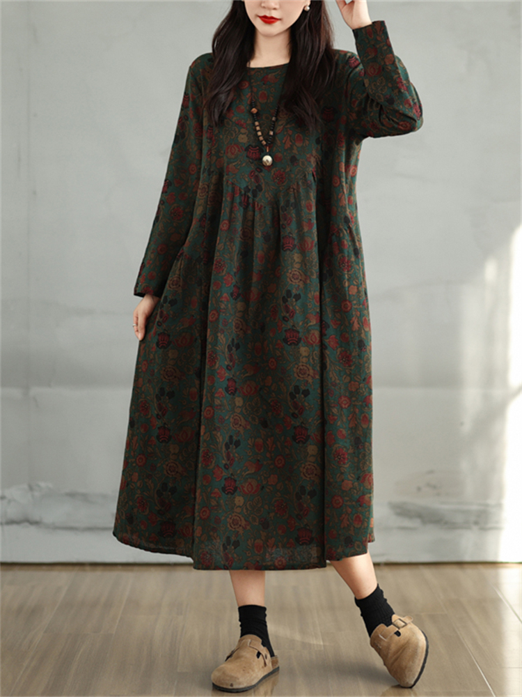 Robes en coton à imprimé floral vintage 2026 pour femmes, robe décontractée à manches longues pour le printemps et l'automne, robe élégante pour femme, vêtements
