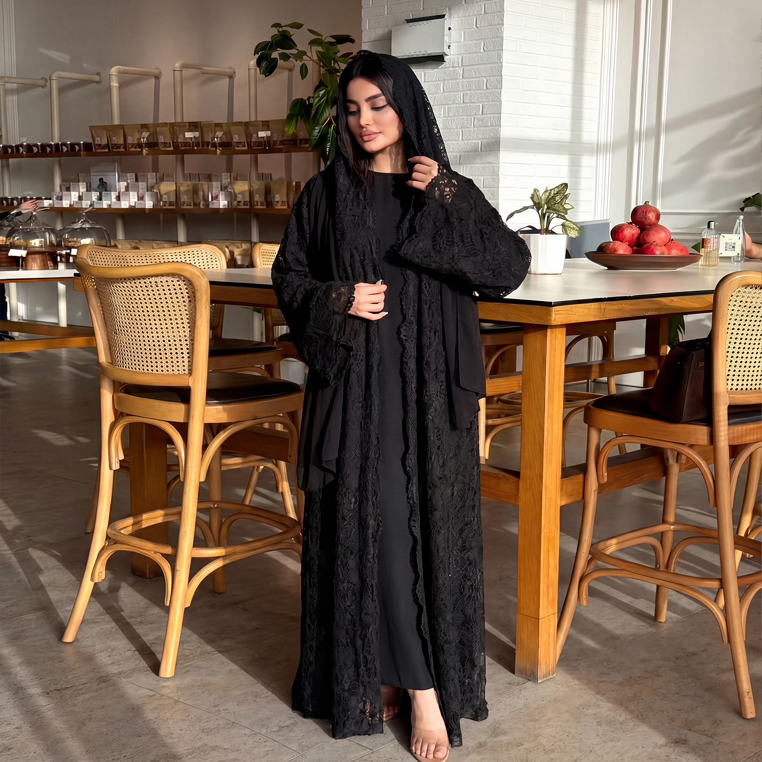 Abaya Cardigan Dubaï à Double Couche en Dentelle pour Femme – Robe Ample et Respirante, Kaftan Décontracté, Vêtement Islamique