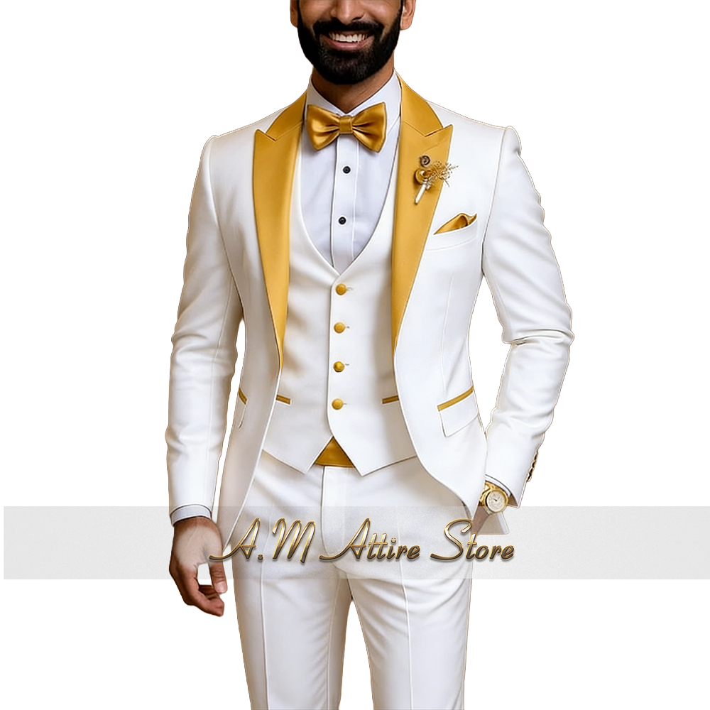 Costume de Mariage Homme Haute Couture 3 Pièces – Veste, Gilet et Pantalon Slim Fit à Revers Dorés – Tenue de Bal pour Garçons