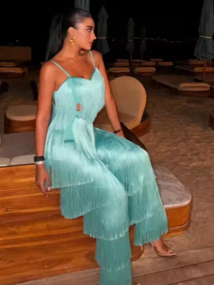 Nouvel ensemble 2 pièces pour femme, turquoise, à franges, avec haut à fines bretelles et pantalon, tenue élégante à découpes à la taille pour soirée, cocktail, club