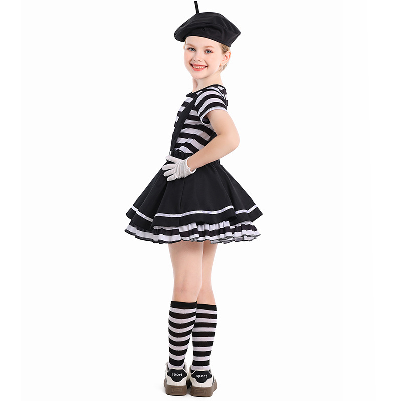 Costume de spectacle sur scène pour filles, Burlesque d'halloween, 1 juin, Acteur Pantomime, Clown Pantomime, haut + jupe à bretelles + chapeau + gants