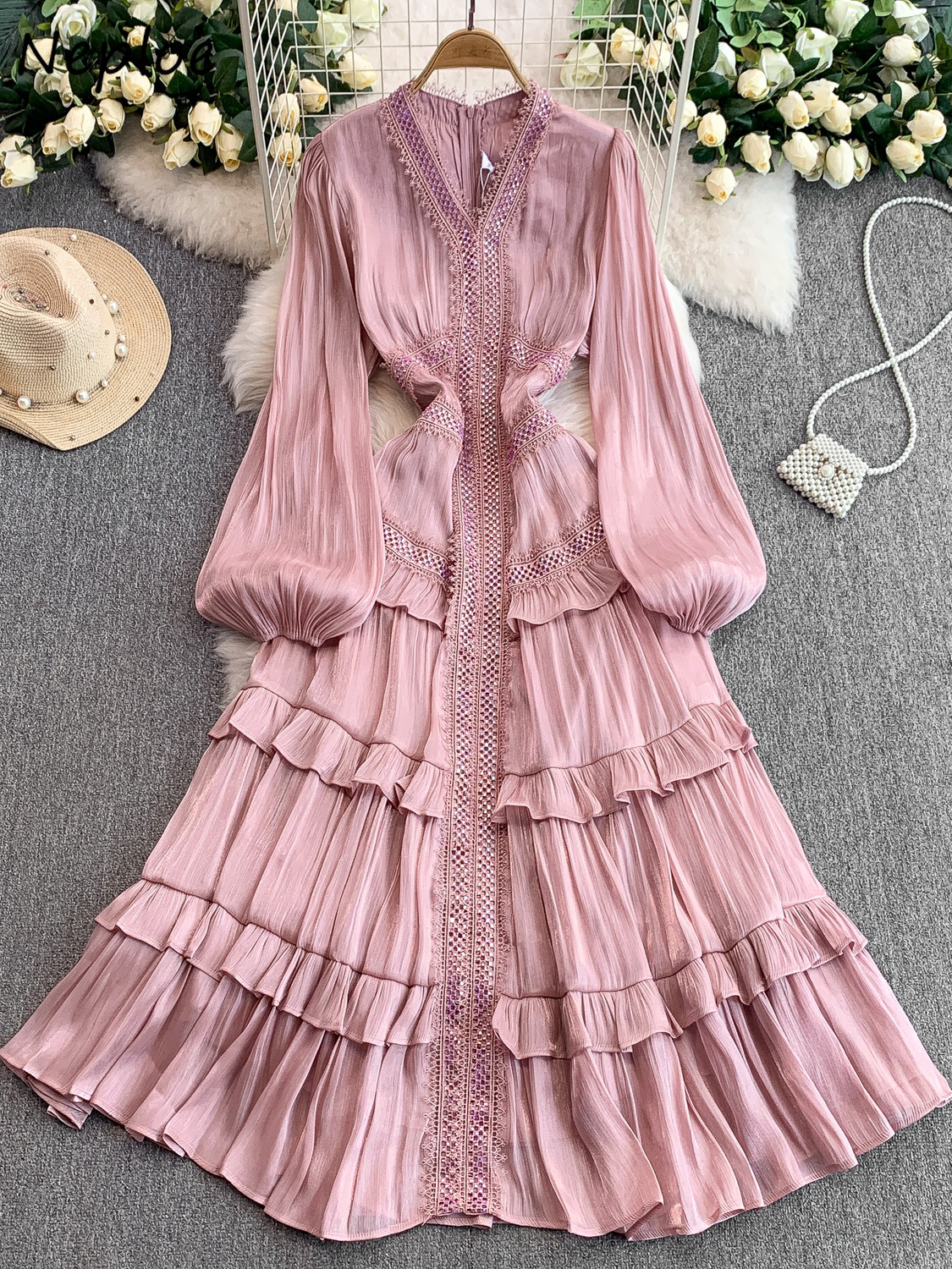 Neploe exquise français Vintage dentelle Ropa Mujer dentelle Patchwork col en V lanterne manches robe avancée brillante soie volants robes