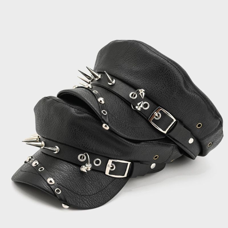 Béret Goth Punk en Cuir avec Boucle de Ceinture, Chapeau Marin Printemps-Automne, Bérets Noirs pour Femmes, Casquettes Militaires Plates pour Hommes