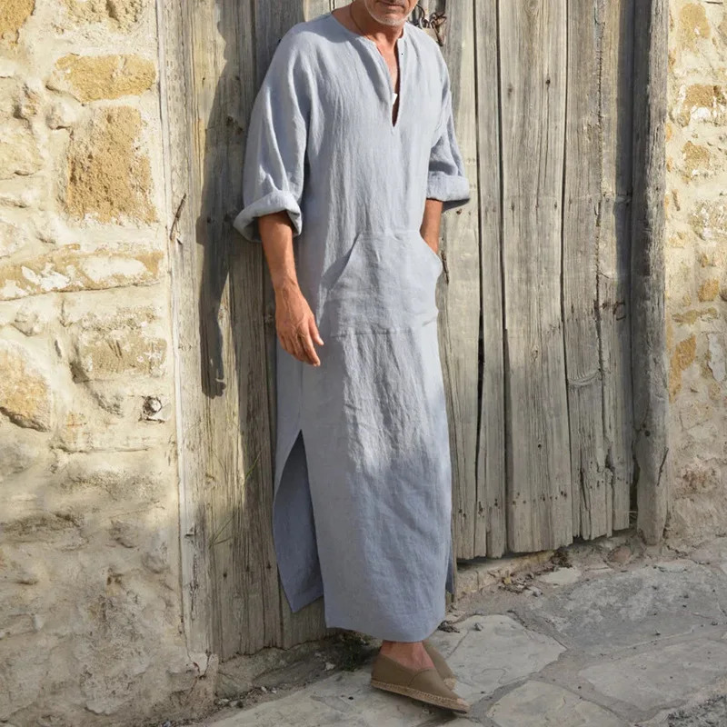 Hommes lin doux Robes musulmanes Abaya dubaï arabe robe islamique vêtements caftan Jubba Thobe Qamis Homme Islam Costumes traditionnels $