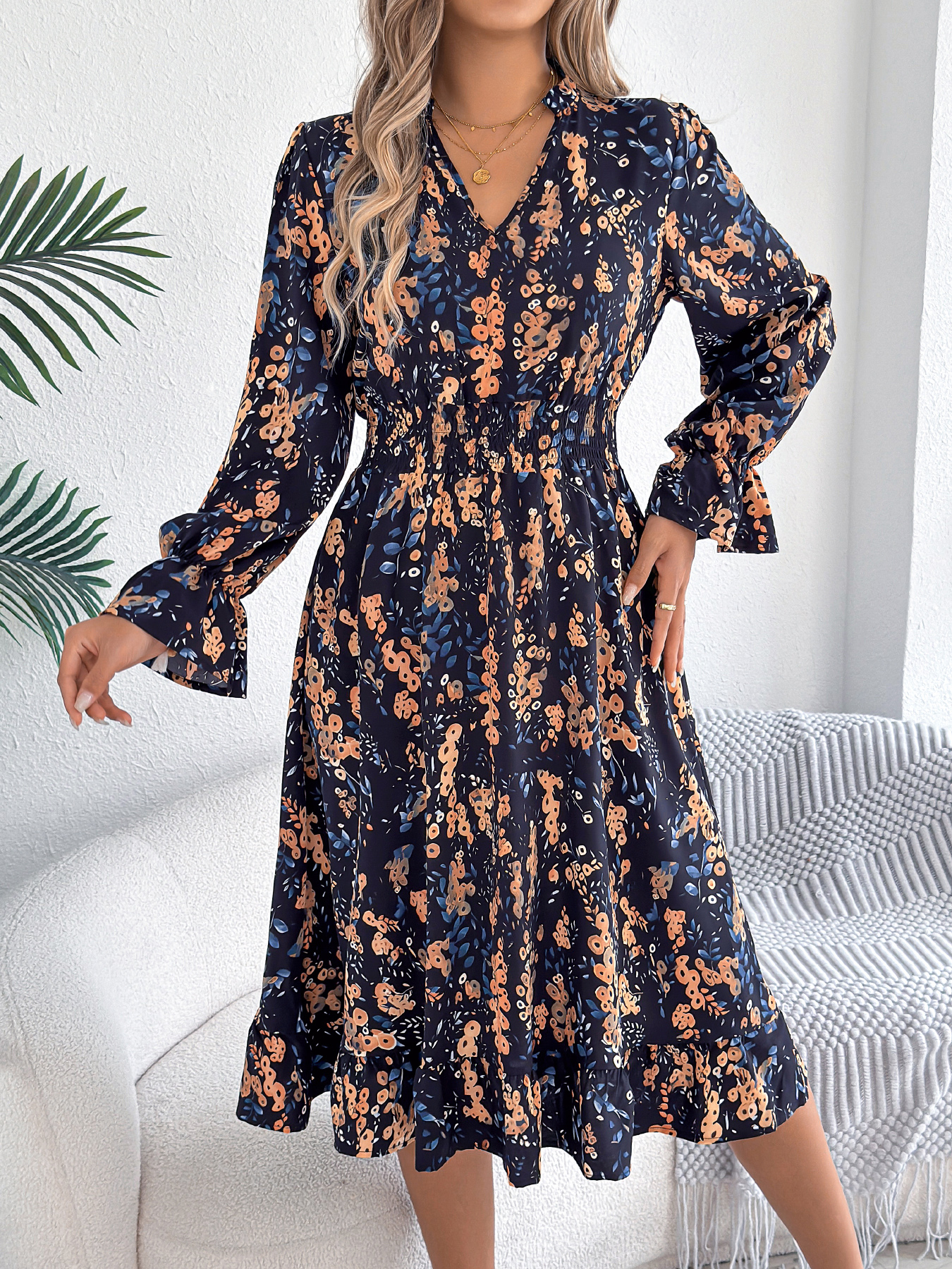 Robes élégantes à imprimé floral pour femmes, collection automne-hiver 2026, décontractées, col en V, manches longues évasées, robe trapèze à volants