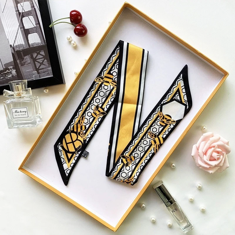 Écharpe fine d'été de luxe pour femme, motif abeille géométrique, en soie sergé, pour cheveux ou sac, à nouer comme foulard ou bandeau
