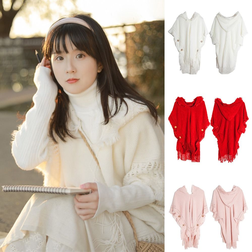 Châle tricoté à capuche bohème élégant et luxueux, chaud pour l'hiver, avec boutons, écharpe-couverture, manteau, cape à franges pour femme