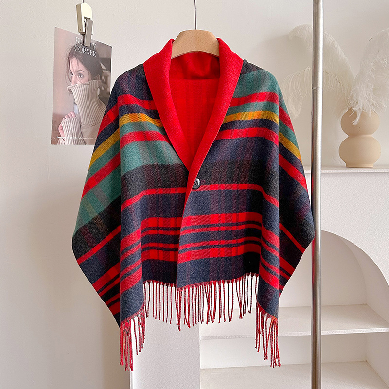 Nouvelle écharpe à carreaux vintage pour femme ; Cape en laine à franges d'automne et d'hiver ; Châle double face ; Guerre au cou chaude multifonctionnelle
