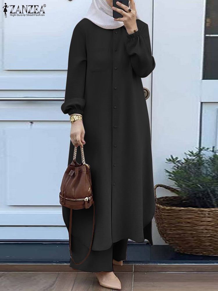 ZANZEA Vintage costume musulman couleur unie revers cou à manches longues Blouse pantalon Ramadan vêtements islamiques mode décontracté turquie tenue