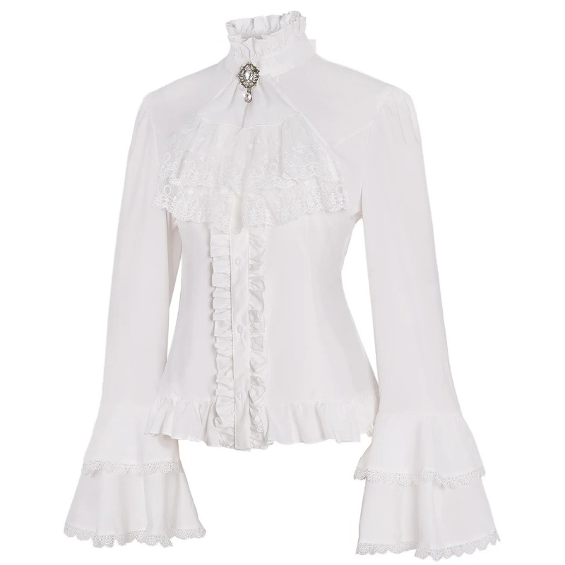 Chemisier en dentelle à col montant et manches évasées pour femme, style queue d'hirondelle, avec nœud, pour déguisement de paysanne victorienne d'Halloween
