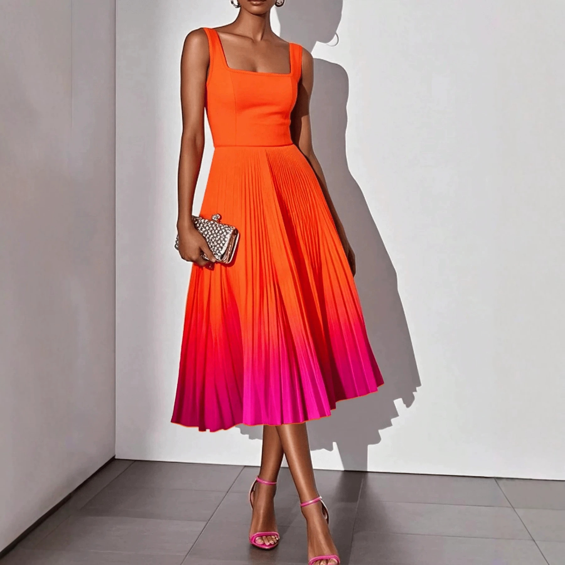 Robe midi plissée ombrée sans manches à col carré pour femme, taille haute, coupe trapèze, idéale pour les soirées