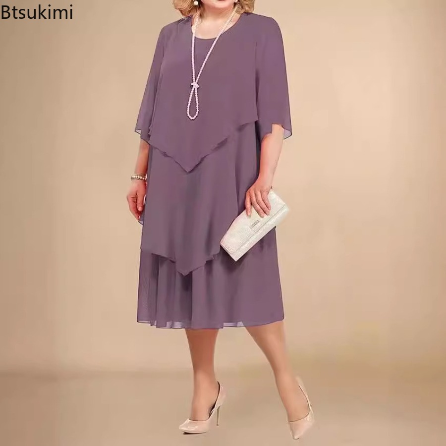 Robe en mousseline de soie à ourlet superposé irrégulier pour femmes, robe mi-longue fluide, robes à col rond, mode de fête élégante, invité de mariage, grande taille, été