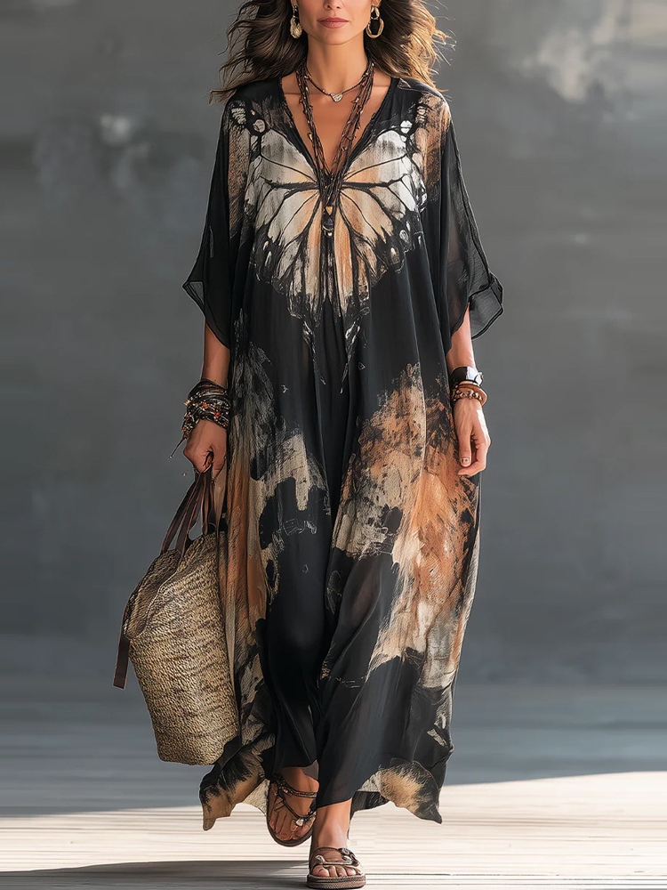 Robe longue maxi élégante pour femme en mousseline de soie à imprimé papillon, col en V, manches chauve-souris mi-longues, coupe ample et oversize, style bohème décontracté pour la plage