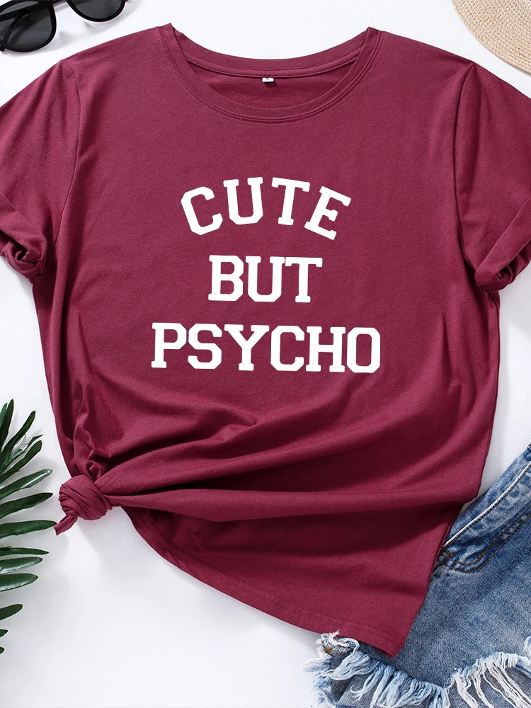 Mignon mais Psycho lettre imprimer femmes t-shirt à manches courtes col rond lâche femmes t-shirt dames t-shirt hauts vêtements Camisetas Mujer
