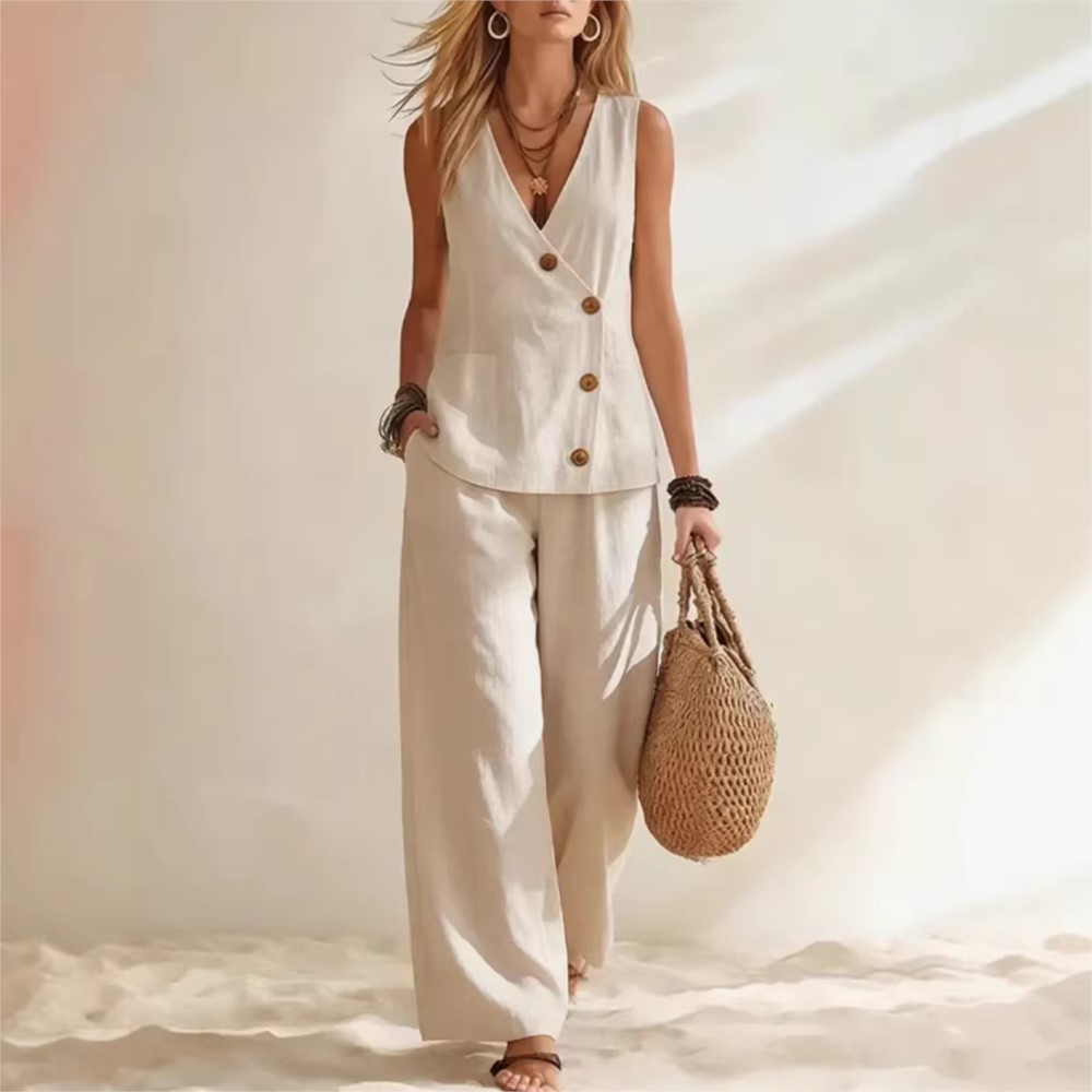 Ensemble 2 pièces mode pour femme : Gilet sans manches à col en V profond et pantalon large ample, idéal pour les vacances d'été