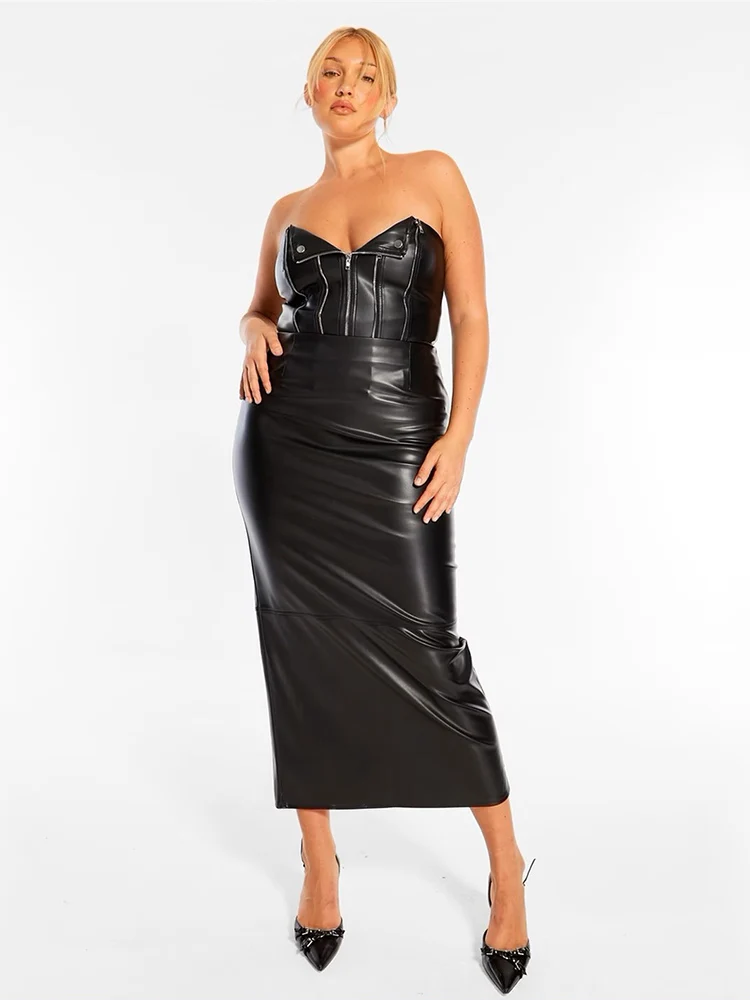 Jupe midi élégante pour femme grande taille en similicuir mat, taille haute, extensible, coupe droite, avec fente, personnalisable