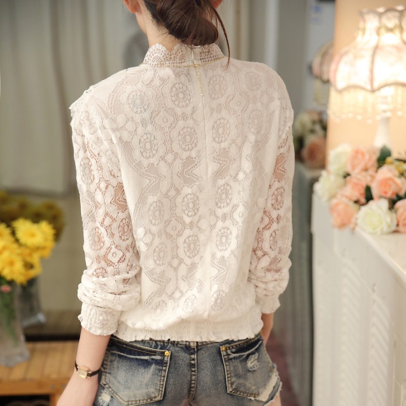 Nouveauté 2025 automne femmes Blouses à manches longues mode chemises en mousseline de soie décontractées Stand Blouses en dentelle florale décontracté hauts 07F 25