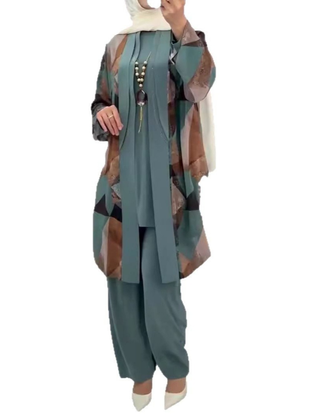 Eid femmes Abaya 3 pièces ensemble avec pantalon fête Ensembles musulmans Caftan Robe Jalabiya Ramadan marocain dubaï 2025 Ensembles Musulman