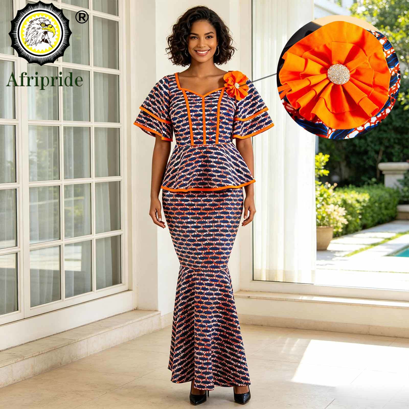 Vêtements africains pour femmes, hauts élégants à manches évasées avec fleurs et jupe longue trapèze, ensemble imprimé Ankara, tenues 2626052
