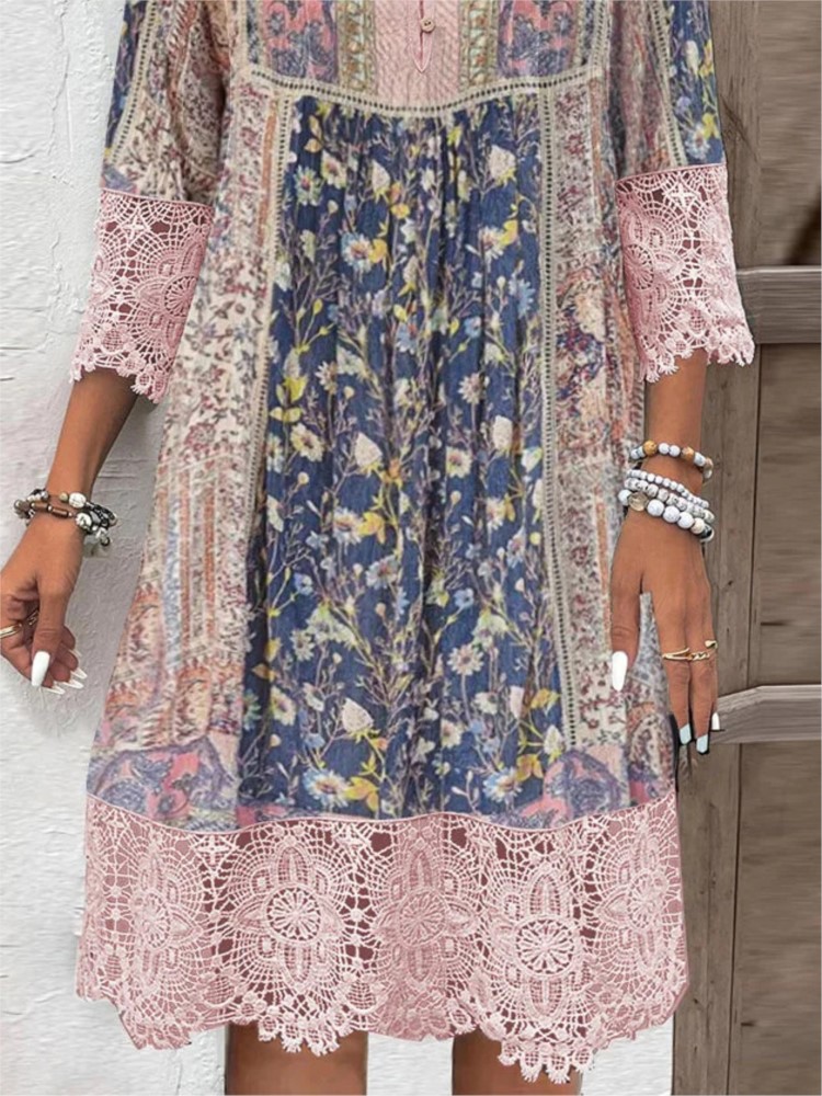 Robe en dentelle vintage pour femmes, nouvelle mode, imprimé fleuri, col en V, robes de bureau décontractées, printemps, été, 2025