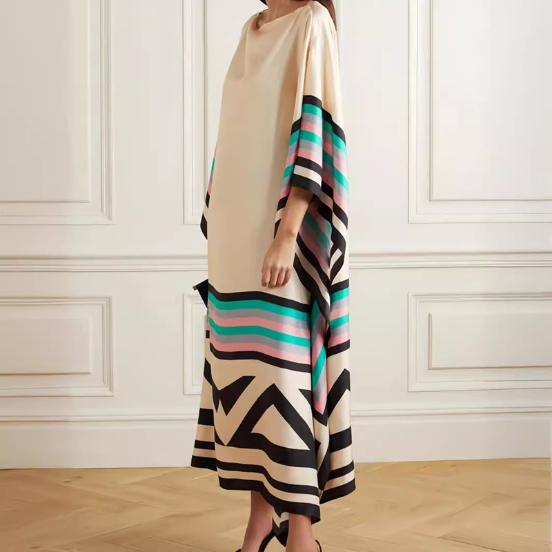 Robe longue irrégulière à col rond pour femmes, manches chauve-souris, robe maxi Boho, patchwork, imprimé rayures bonbons, caftan, printemps, été