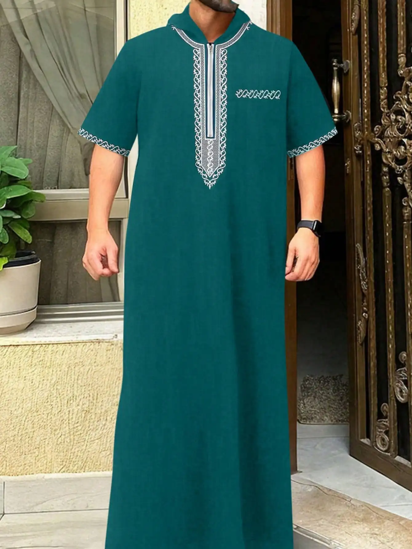 Caftan décontracté ample pour hommes musulmans, manches courtes, brodé, capuche, fermeture éclair, vêtements de Style ethnique islamique, 2025