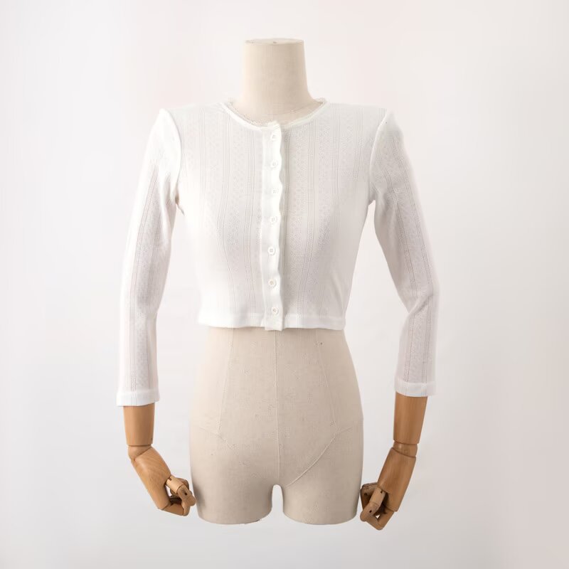 Cardigan court en tricot ajouré pour femme, t-shirt à manches longues, coupe ajustée, boutonné, style américain, sexy, tendance, streetwear