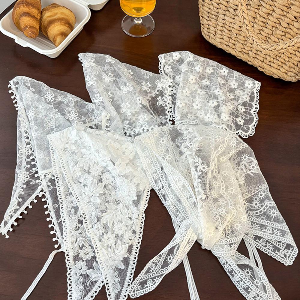 Bandana en dentelle rétro pour cheveux, écharpe de sauna blanche tissée à imprimé floral, foulard triangle bohème, chapeau doux, accessoires pour cheveux