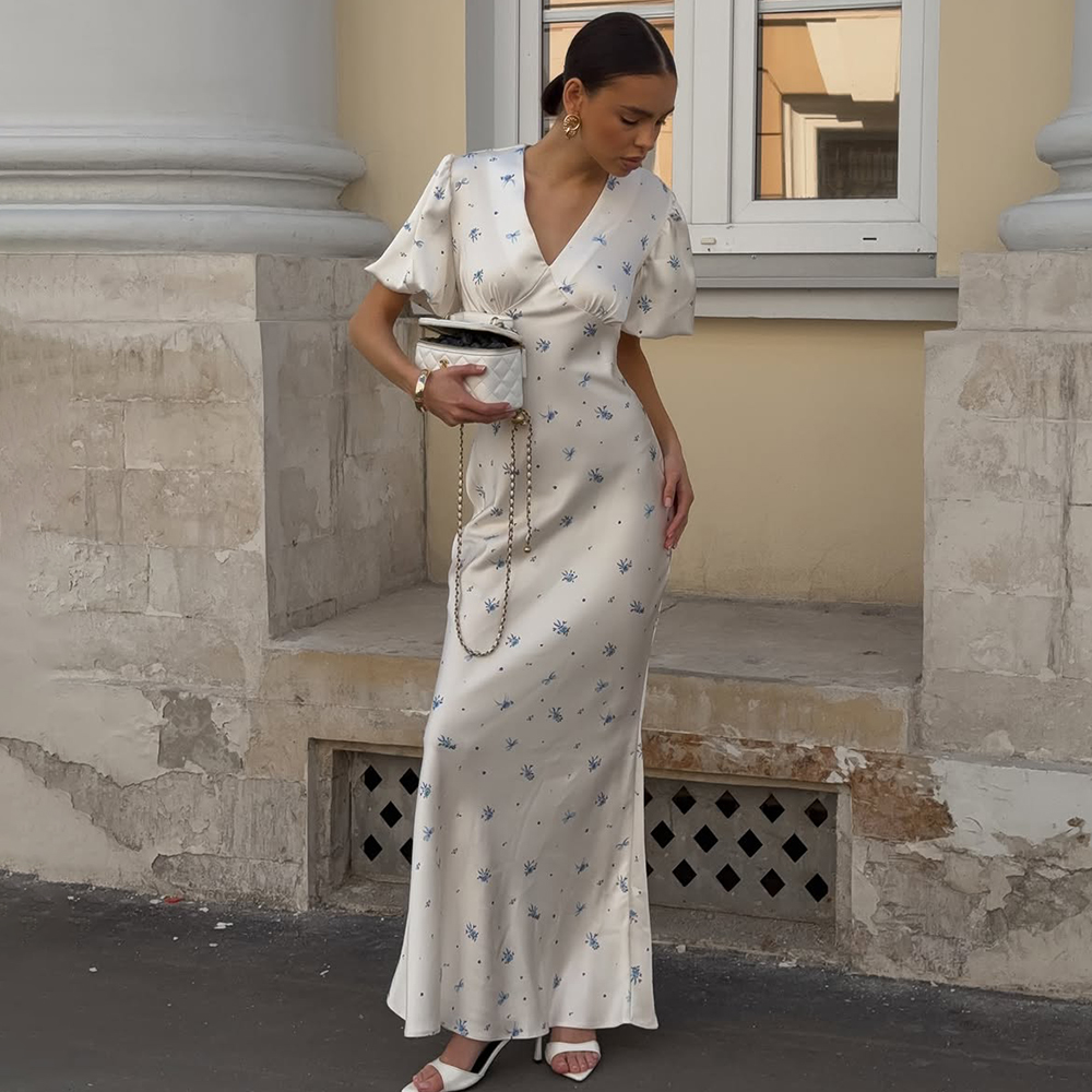 Robe en satin imprimé Tuularose, robe élégante à taille haute contrastée pour femmes, nouvelle robe de soirée décontractée luxueuse pour femmes