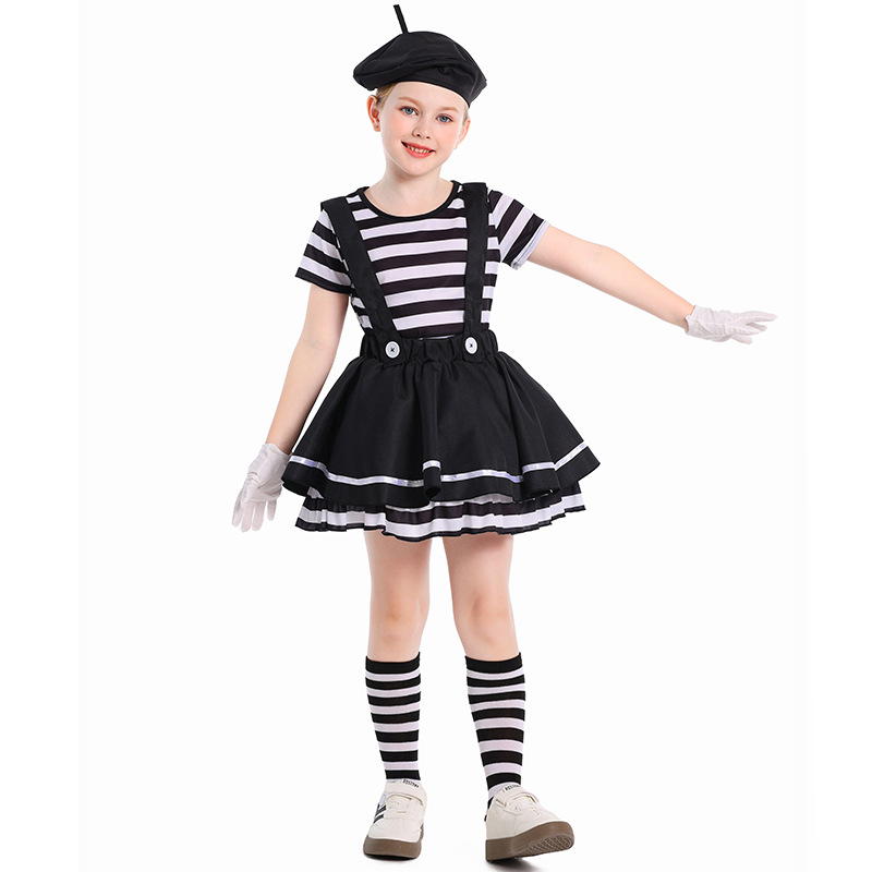 Costume de spectacle sur scène pour filles, Burlesque d'halloween, 1 juin, Acteur Pantomime, Clown Pantomime, haut + jupe à bretelles + chapeau + gants