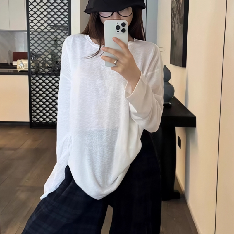 Chemisier de protection solaire en soie glacée printemps-été à manches longues, uni, ample et polyvalent, style décontracté transparent pour femme
