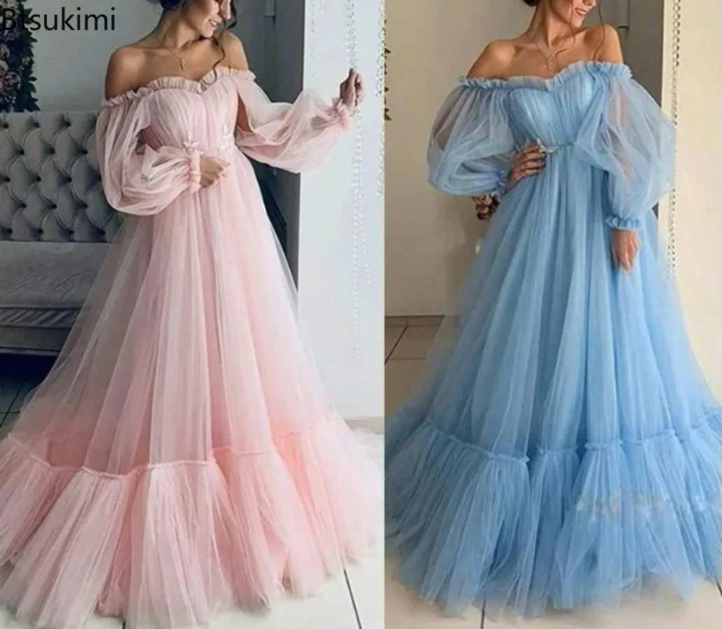 Robe de mariée élégante pour femmes, asymétrique épaule dénudée, manches longues, en mousseline de soie, mi-longue, robe de princesse, dos nu, 2026