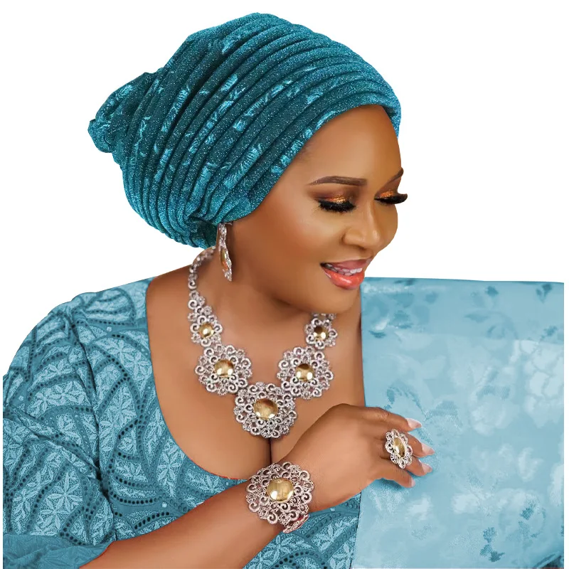Couvre-chef de mariage nigérian, Turban à paillettes, foulard plissé pour femmes, Bonnet Hijab, couvre-chef africain Auto Gele