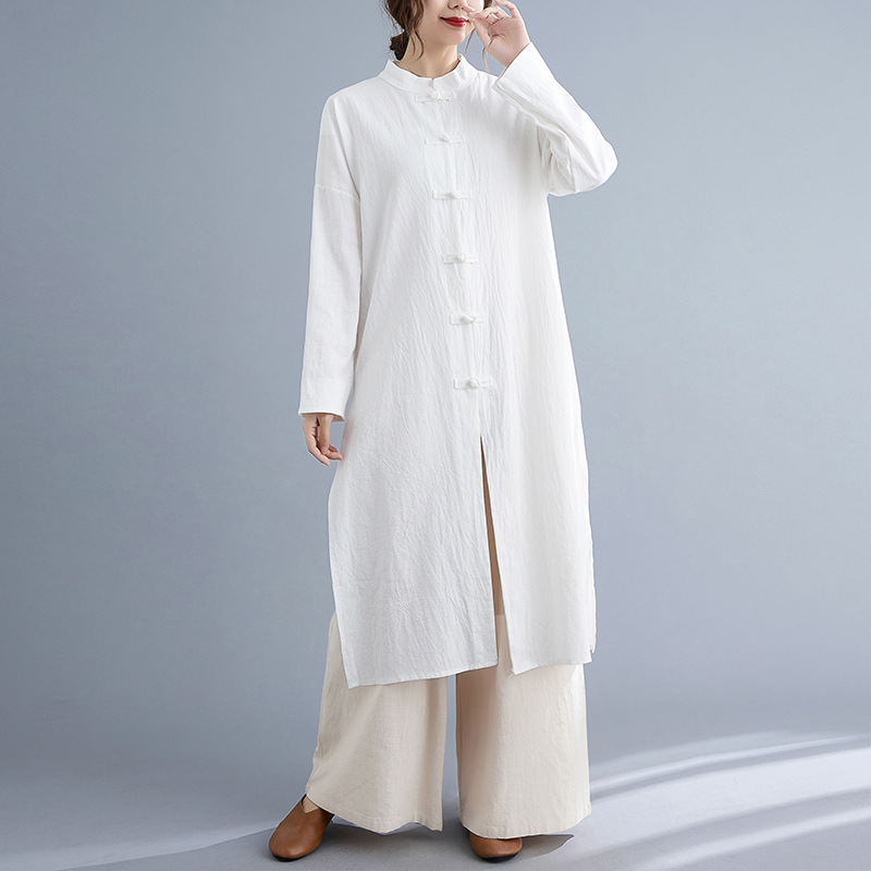 Vêtements traditionnels chinois pour femmes, coton, manches longues, simple boutonnage, haut adt, vêtements de thé de méditation, printemps, automne