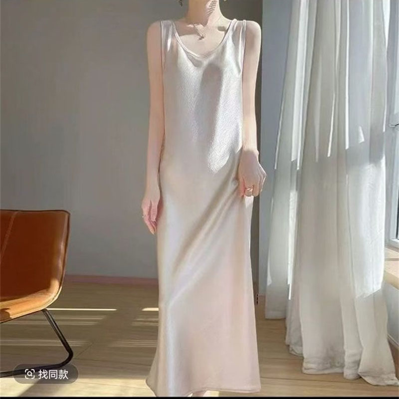 Robe maxi décontractée pour femmes, grande taille 5XL, robe longue en satin d'acétate haut de gamme, col rond, sans manches, vestidos pour femmes