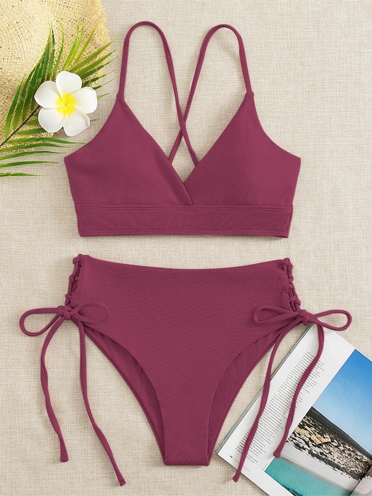 Sexy noir col en V ensemble de Bikini pour les femmes à lacets cordon côté taille haute maillot de bain plage maillot de bain piscine maillot de bain deux pièces