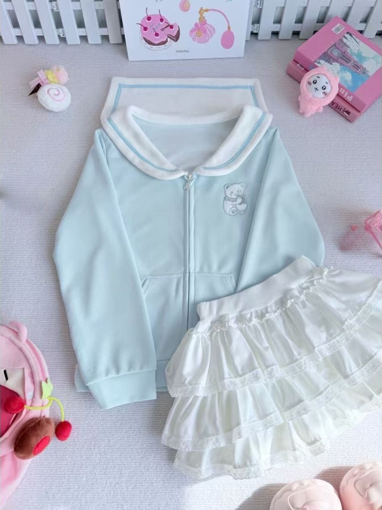 Veste japonaise douce et kawaii pour femmes, manches longues, bleu, fermeture éclair, broderie, sweat-shirt ample, style preppy, vêtements mignons et tendance
