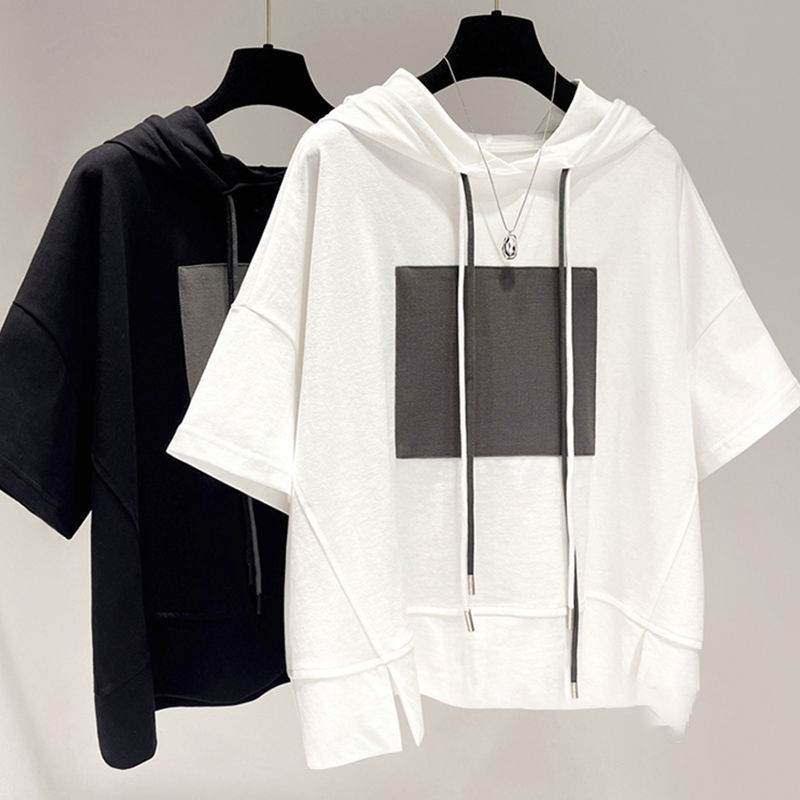 Économie à manches courtes à capuche pour femmes, streetwear décontracté, abonnés, patchwork, laçage solide, mode vintage, vêtements d'été, nouveau